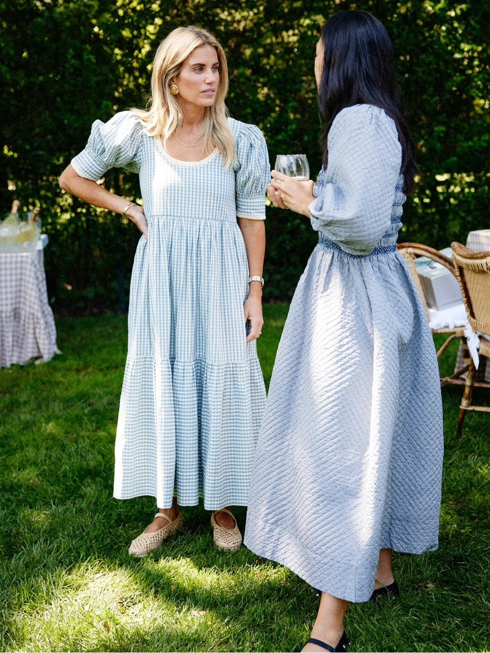 Loeffler Randall Gillian Puff Sleeve Dress Navy blue and white gingham Small